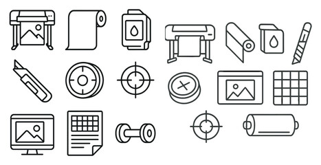 Poster - Collection of various items related to printing and graphic design, including a printer, scissors, paper, and other tools. The paper is labeled 