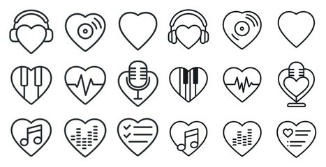 Poster - Collection of hearts with various music symbols and instruments. The hearts are arranged in a grid, with some overlapping each other. The music symbols and instruments include a microphone