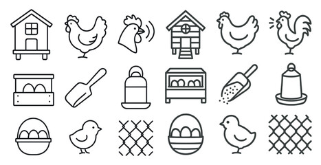 Poster - Collection of farm-related icons, including a chicken, a chicken coop, and a chicken feeder