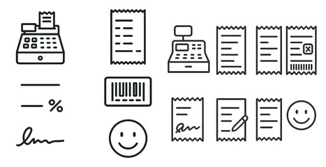 Aufkleber - Collection of black and white icons for a cash register. The icons include a smiley face, a signature, a receipt, a barcode, and a check