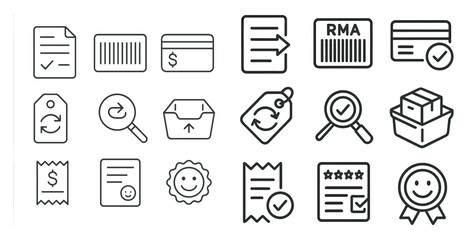 Poster - Set of icons for a business card, credit card, and receipt. The icons are all in black and white and include a magnifying glass, a smiley face, and a box