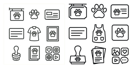 Poster - Set of icons for a business that sells pet products. The icons include a sign, a card, a shirt, a photo, a stamp, a wallet, a keychain, a t-shirt, a wallet, a card