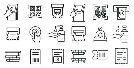 Aufkleber - Collection of icons for various shopping and payment-related items, such as a shopping cart, a barcode scanner, a ticket, and a bell