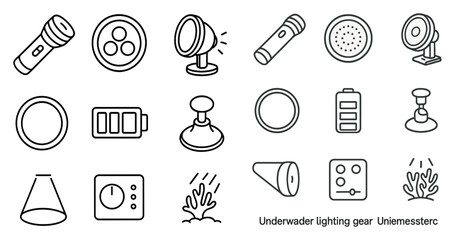 Poster - Collection of various items that are related to underwater lighting gear. The items include a flashlight, a microphone, a fan, and a battery
