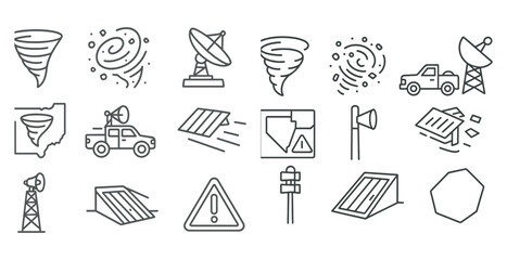 Poster - Series of icons depicting various weather conditions and vehicles. The icons include a tornado, a car, a truck, a satellite, a street sign, and a traffic light. Scene is one of chaos and danger