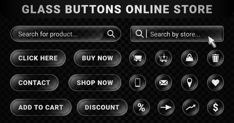 Fototapete - set of user interface transparent buttons online store or shop on a liquid glass style. ui purchase 