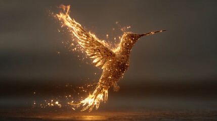 Wall Mural - Fire forming the image of a hummingbird with extended wings