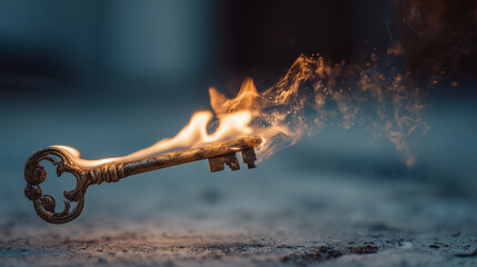 Wall Mural - Close-up of a flame shaping into a vintage key glowing with heat