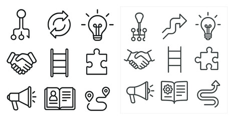 Poster - Set of icons that include a book, a ladder, a handshake, a puzzle, a book, a person, a person and a book, a person, a person and a book, a person, a person and a book, a person