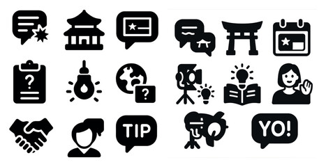 Poster - Collection of icons including a camera, a book, a person with a question mark, a person with a smiley face, a person with a thumbs up, a person with a peace sign, a person with a handshake, a person
