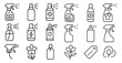 © Valentyna - Set of spray bottles with a flower on the left and a tag on the right. The spray bottles are lined up in a row, with some of them having a spray nozzle on top