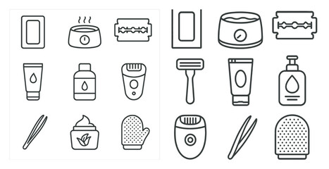 Poster - Set of icons for personal care items. The icons include a razor, a bottle of lotion, a bottle of shampoo, a bottle of conditioner, a bottle of soap, a bottle of shaving cream, a bottle of aftershave