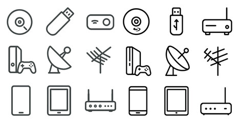 Poster - Collection of icons for various electronic devices and accessories. The icons include a remote control, a keyboard, a mouse, a tablet, a phone, a computer, a game controller, a USB drive, a CD