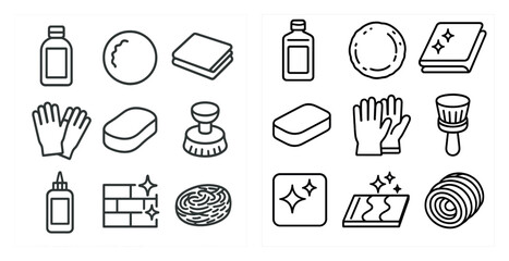 Poster - The image is a collection of various cleaning supplies and tools. The supplies include a bottle of dish soap, a bottle of glass cleaner, a bottle of all-purpose cleaner, a bottle of window cleaner