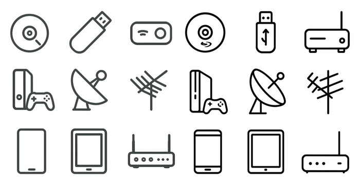 Collection of icons for various electronic devices and accessories. The icons include a remote control, a keyboard, a mouse, a tablet, a phone, a computer, a game controller, a USB drive, a CD