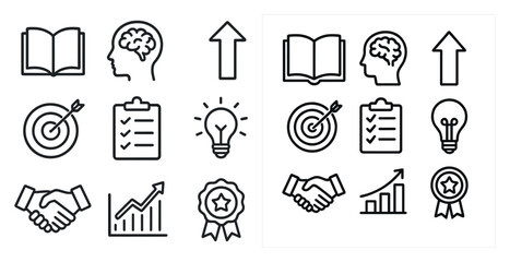 Poster - Set of icons that represent various concepts related to business and productivity. The icons include a book, a brain, a goal, a light bulb, a star, a book and a hand, among others