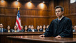 © A.A - Asian middle aged man standing in courtroom. American court with Asian jury and Asian defendant. Concept of judicial system and justice