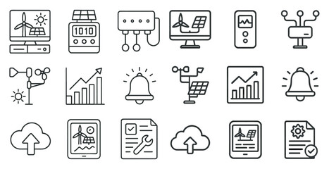 Poster - Set of icons for various technology and weather-related items. The icons include a bell, a computer, a tablet, a cloud, a windmill, a computer monitor, a keyboard, a mouse, a solar panel