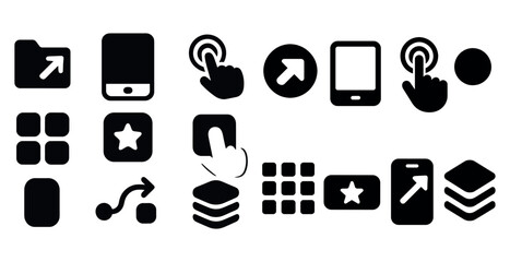 Poster - Collection of icons for various devices, including a phone, tablet, and computer. The icons are all black and white, and they all have a similar design. Scene is minimalist and modern