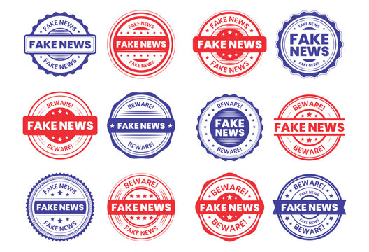 Fake news rubber stamp grunge red ink seal badge sign symbol dusty grainy effect fraud media propaganda misleading report disinformation false newspaper.