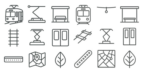 Poster - Collection of train and subway icons. The icons include a train, a bus, a subway, a train station, a bus stop, a train platform, a train car, a train car with a bed
