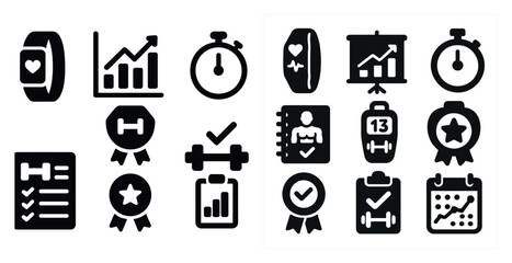 Poster - Collection of fitness icons including a heart, a stopwatch, and a calendar. The icons are all black and white