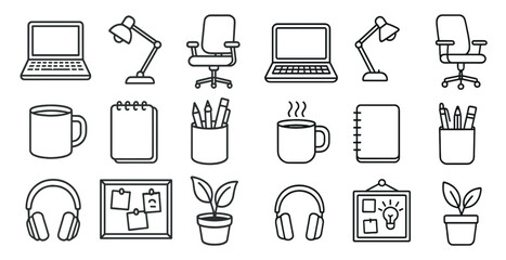 Poster - Set of office supplies including a laptop, a desk lamp, a chair, a notebook, a cup, a pen, a pencil, a plant, and a pair of headphones