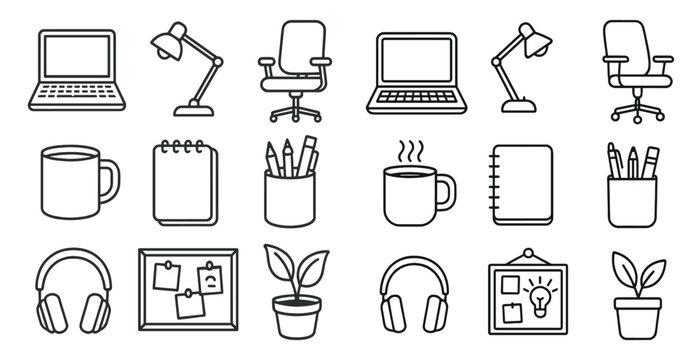 Set of office supplies including a laptop, a desk lamp, a chair, a notebook, a cup, a pen, a pencil, a plant, and a pair of headphones