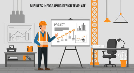 Poster - Construction Project Presentation With Charts And Engineer Character Design