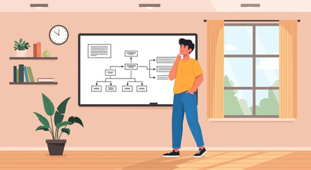 Poster - Young Man Contemplates Diagram Structure Boardroom Process Thinking Development