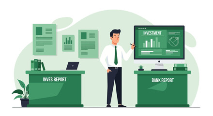 Poster - Financial Analyst Reviews Data On Screen For Investment Analysis Meeting
