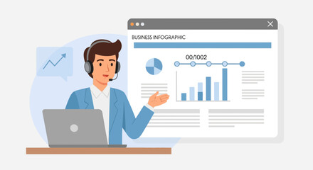 Poster - Professional Consultant Explaining Business Data Analysis with Infographic on Screen