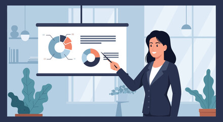 Poster - Confident Businesswoman Delivering a Presentation with Statistical Pie Charts