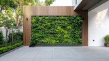 A living wall filled with plants, acting as a natural air purifier in a modern home, sustainable architecture,