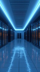 Poster - an expansive data center interior featuring clusters of cuttingedge server racks bathed in cool blue