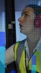 Poster - Animation of data processing over caucasian female it engineer with tablet checking computer servers