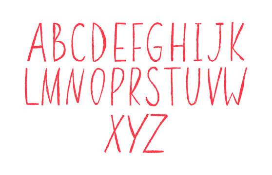 Doodle font. Scribble alphabet, hand drawn typescript. Wax crayon abc handwriting letters. English abstract text. Primitive design. Vector cartoon flat style isolated illustration