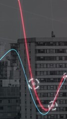 Poster - Neon statistical data processing against tall buildings in the city