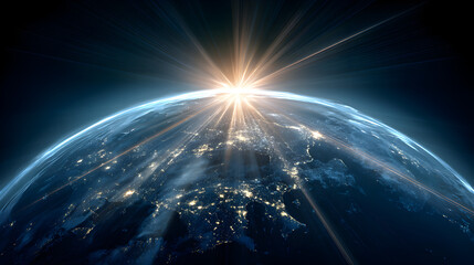 Wall Mural - A view of the earth from space with city lights and a bright sun rising over the horizon line