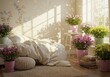 © ThanhLuan - 햇살 가득한 아늑한 침실 풍경 부드러운 파스텔톤 꽃들과 편안한 분위기
