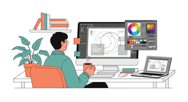 A creative designer works on a complex graphic design project at their desk with a computer and laptop