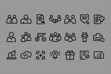Poster - Collection of modern outline icons representing business concepts like teamwork agreement success and ideas against a neutral gray background