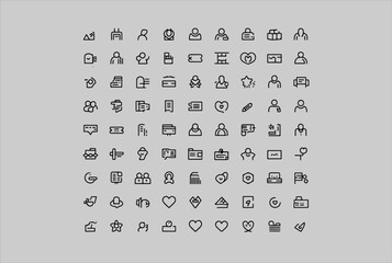 Fototapete - Collection of simple black line art icons representing people communication documents hearts and other common elements on a gray background