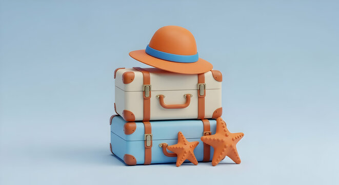 A charming 3D rendering of stacked vintage suitcases, adorned with a sun hat and starfish, evokes a sense of carefree summer travel.