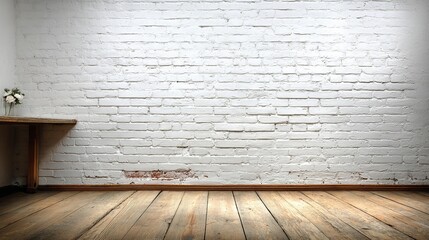 Poster - A Cozy and Bright Interior Scene Featuring a Whitewashed Brick Wall and Rustic Wooden Flooring