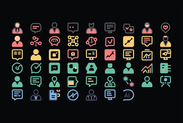 Fototapete - Collection of stylized flat icons representing communication business technology and people with a modern color palette on a black background