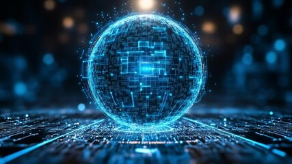 Aufkleber - Digital Sphere of Data: A luminous digital sphere, pulsating with energy, floats above a circuit board, illustrating interconnected data flow and technological advancement in a futuristic manner.
