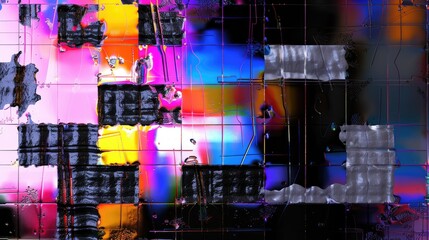 Fototapete - Transparent gradient with digital noise overlay, monochrome glitch background with retro 80s mood