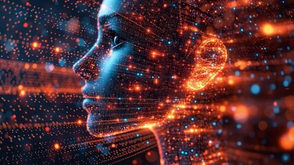 Poster - Digital Mind: An artistic representation of a person, interwoven with lines and vibrant digital light, explores the concepts of artificial intelligence, consciousness.