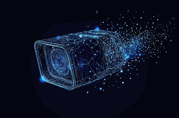 Poster - Digital 3D wireframe security camera with particle dispersion effect in blue low poly style on dark background technology concept illustration